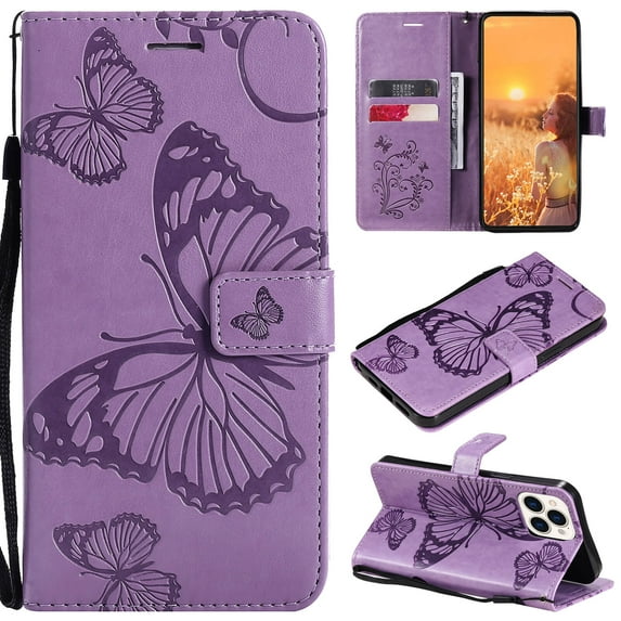 iPhone 13 Pro Wallet Case, Flip Kickstand Emboss Butterfly PU Leather Protective Phone Cover with Wrist Strap & Card Slots, Purple