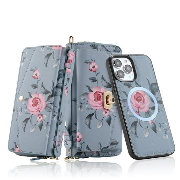 for iPhone 13 Pro Wallet Case - Magnetic Detachable Back Case with RFID Blocking Card Holder, Hand Strap & Crossbody Strap, Floral Flower PU Leather Flip Cover Case for Women Girls, Gray