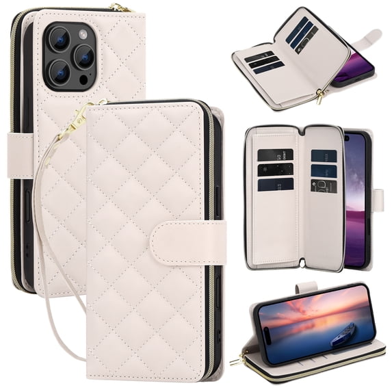for iPhone 13 Pro Wallet Case, Multi-Functional Zipper Purse Case, with Flip Stand Card Holder PU Leather Phone Cover with Lanyard & Wrist Strap for iPhone 13 Pro, Beige