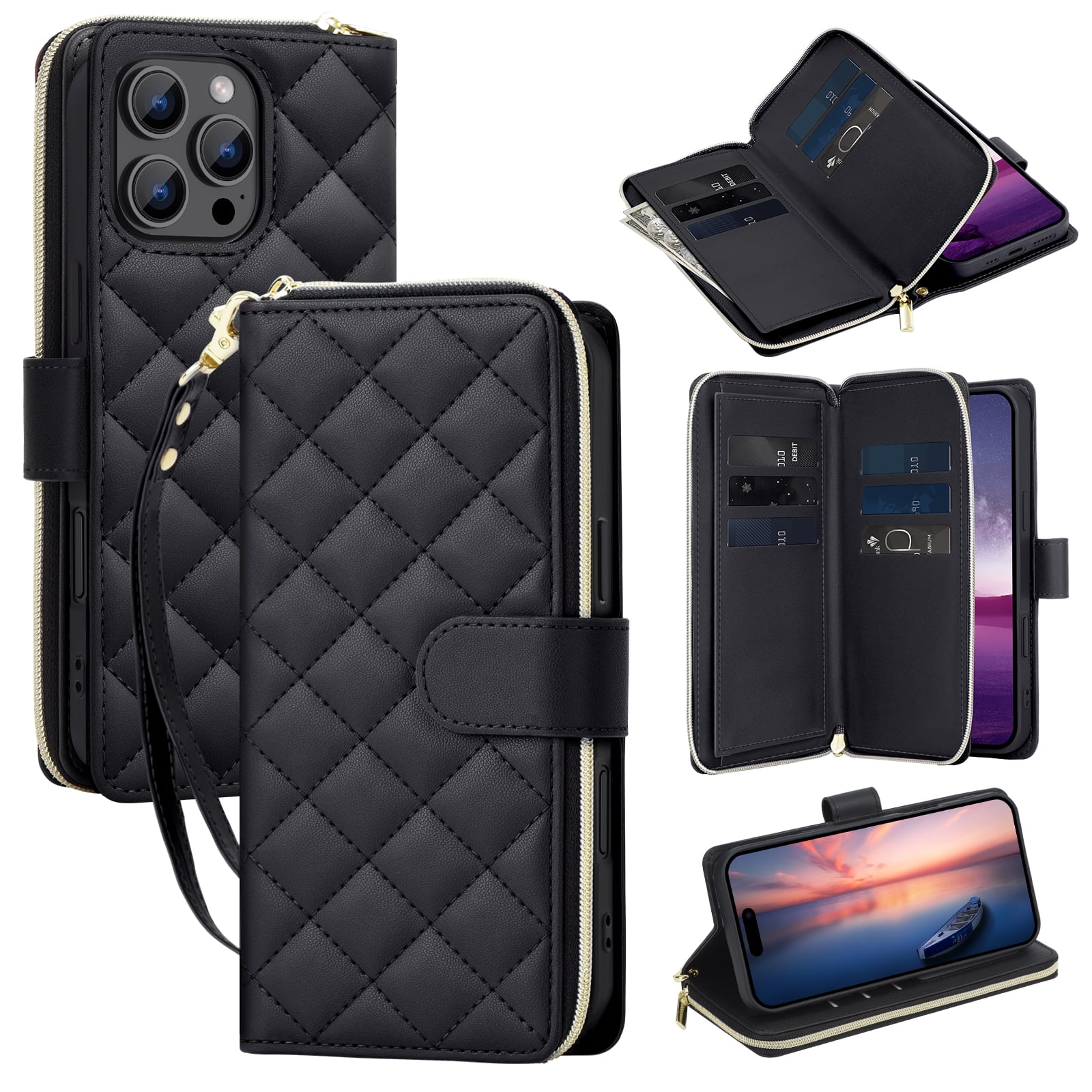 for iPhone 13 Pro Wallet Case, Multi-Functional Zipper Purse Case, with Flip Stand Card Holder PU Leather Phone Cover with Lanyard & Wrist Strap for iPhone 13 Pro, Black