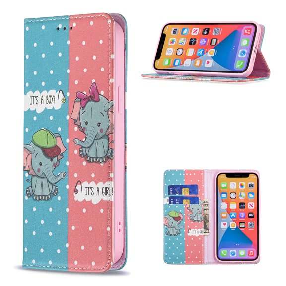 iPhone 13 Pro Wallet Case PU Leather Folio Flip Stand, Allytech Magnetic Credit Card Holder Protective Anti-Scratch TPU Bumper Skin Cover for iPhone 13 Pro 6.1" 2021, Baby Elephants