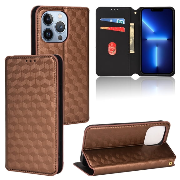 For iPhone 13 Pro Wallet Case with RFID Blocking ID Credit Card Holder, Luxury Diamond Patterned Shiny PU Leather Magnetic Folio Book Flip Kickstand Shockproof Phone Case, Brown