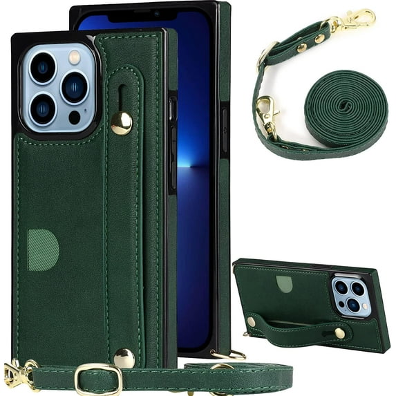 for iPhone 13 Pro Wallet Case for Women,Removable Adjustable Strap Crossbody Card Holders Cover Neck Strap Lanyard Purse Shoulder Strap Kickstand Purse Case for iPhone 13 Pro KB Green