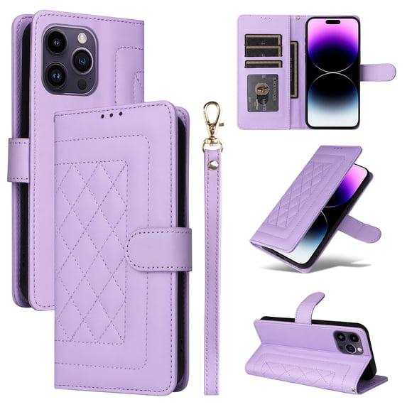 for iPhone 13 Pro Wallet Flip Case, Classic PU Leather Card Slots with Lanyard Magnetic Closure Kickstand Drop Protective Soft TPU Inner Phone Case Cover for iPhone 13 Pro, Purple