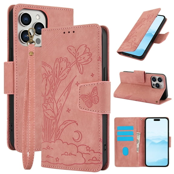 for iPhone 13 Pro Wallet case with RFID Blocking Credit Card Holder,Flip PU Leather Emboss Butterfly Flower Shockproof Protective Cover Women Men for iPhone 13 Pro Phone case,Pink
