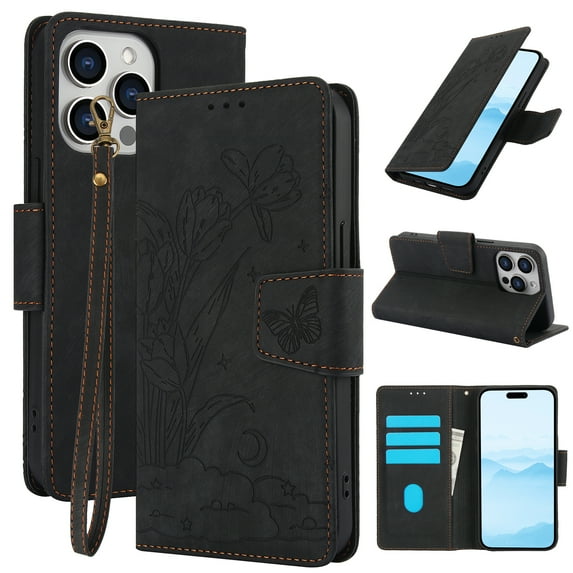for iPhone 13 Pro Wallet case with RFID Blocking Credit Card Holder,Flip PU Leather Emboss Butterfly Flower Shockproof Protective Cover Women Men for iPhone 13 Pro Phone case,Black