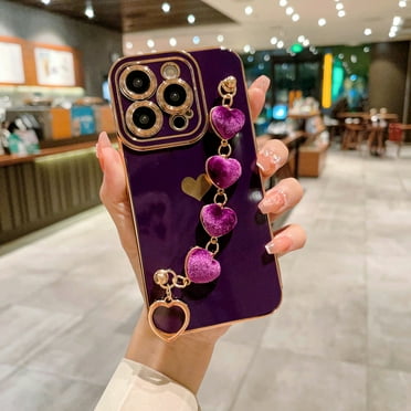 for iPhone 13 Pro with Wrist Strap,Cute Love Heart Full Camera Lens Protection with Side Small Pattern Shockproof Plating Bumper Soft TPU Phone Case Cover For iPhone 13 Pro, Darkpurple