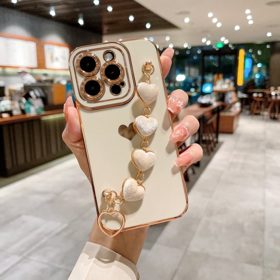 for iPhone 13 Pro with Wrist Strap,Cute Love Heart Full Camera Lens Protection with Side Small Pattern Shockproof Plating Bumper Soft TPU Phone Case Cover For iPhone 13 Pro, White