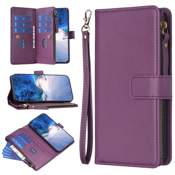 for iPhone 13 Pro Zipper Wallet Case with Wrist Hand Strap & Card Slots Holder, Business PU Leather Shockproof Flip Kickstand Purse Protective Cover Case for iPhone 13 Pro, Darkpurple