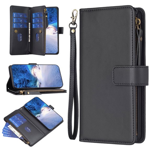 for iPhone 13 Pro Zipper Wallet Case with Wrist Hand Strap & Card Slots Holder, Business PU Leather Shockproof Flip Kickstand Purse Protective Cover Case for iPhone 13 Pro, Black