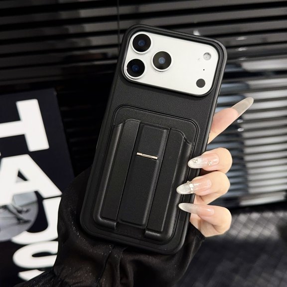 for iPhone 13 Protective Back Case with PU Leather Adjustable Kickstand + Silicone Back Card Slot, Luxury Shock-Absorbent PC+TPU Lightweight Slim Durable Men Women Phone Cover, Black