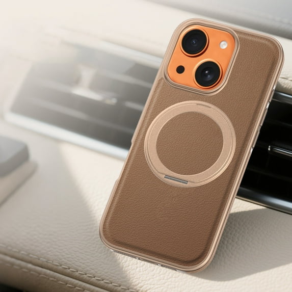 for iPhone 13 Ring Stand Case, Protective Slim with Kickstand Shockproof Phone Case, Invisible Stand Lychee Texture Plain PU Leather Phone Cover Compatible for iPhone 13, Gold