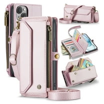 for iPhone 13 Rugged Case, Classic PU Leather Shoulder Strap Wrist Strap Zipper Pocket RFID Blocking Wireless Charging Kickstand Case Cover for iPhone 13, Pink