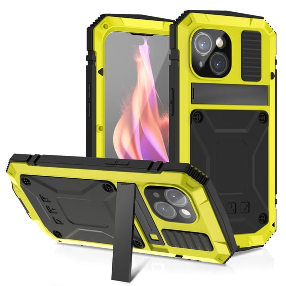 iPhone 13 Rugged Full-Body Case, Metal Bumper Built-in Screen Protector&Kickstand,Dustproof and Drop-Proof,Full Body Protection Heavy Duty Rugged Military Cover For iPhone 13, Yellow