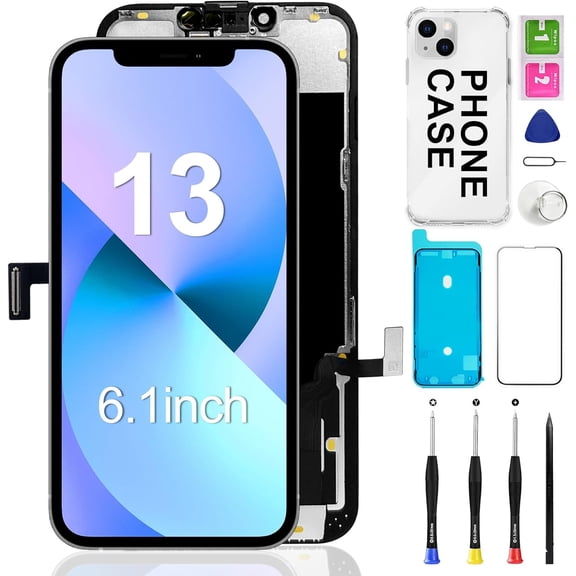 for iPhone 13 Screen Replacement 6.1 inch, 3D Touch LCD Screen Display Digitizer Frame Assembly Repair Kit with Phone Case+Waterproof Seal+Repair Tools - Model A2482,A2631,A2633,A2634,A2635