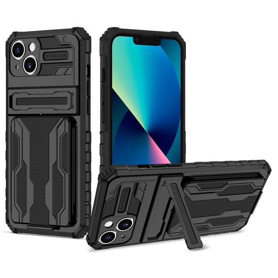 for iPhone 13 Sliding Card Slot Back Case with Hidden Kickstand, Hybrid TPU + PC Fall Prevention Shock Absorption Anti-drop Protective Phone Case Cover for iPhone 13, Black