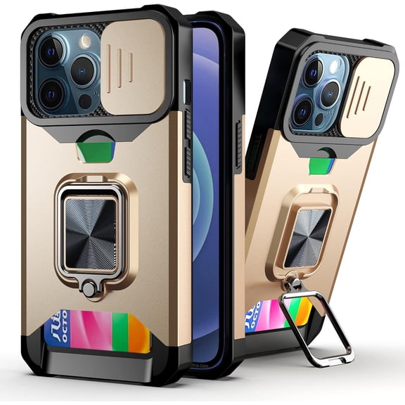 for iPhone 13 Sliding Window Case with Card Holders, Cover with Slide Camera Protection Built-in Magnetic Kickstand Shockproof Phone Case for iPhone 13 TC Gold