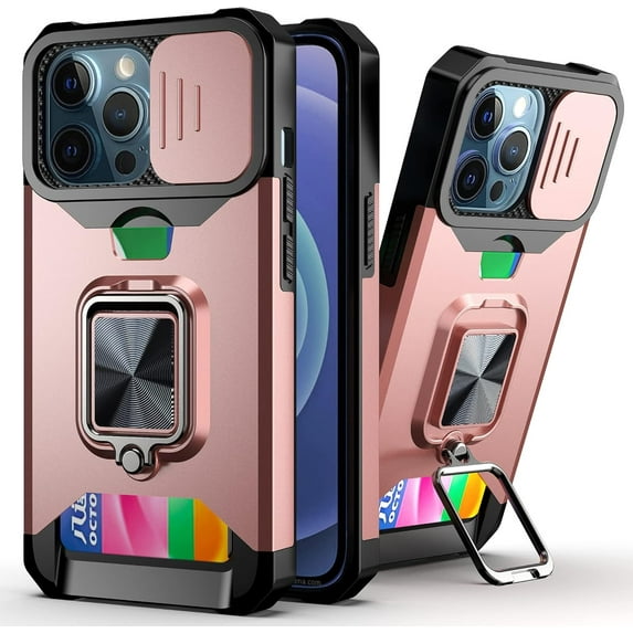 for iPhone 13 Sliding Window Case with Card Holders, Cover with Slide Camera Protection Built-in Magnetic Kickstand Shockproof Phone Case for iPhone 13 TC Rose Gold