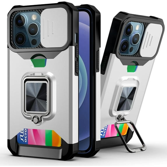 for iPhone 13 Sliding Window Case with Card Holders, Cover with Slide Camera Protection Built-in Magnetic Kickstand Shockproof Phone Case for iPhone 13 TC Silver