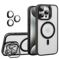 for iPhone 13 Transparent Case with Camera Lens Protector, Compatible with MagSafe, Built-in Camera Stash Stand, Magnetic Hard Back Soft Edge Anti-Fingerprint Flexible Cover, Black