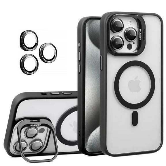 for iPhone 13 Transparent Case with Camera Lens Protector, Compatible with MagSafe, Built-in Camera Stash Stand, Magnetic Hard Back Soft Edge Anti-Fingerprint Flexible Cover, Black