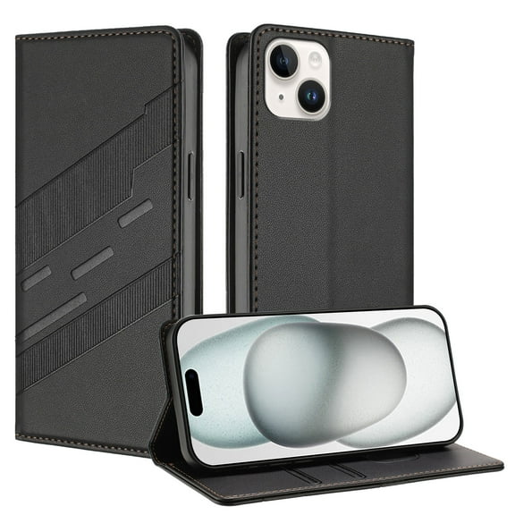 for iPhone 13 Wallet Case with 2 Card Slots & Cash Pocket, Premium PU Leather Classic Kickstand Full Body Protective Ultra Slim Shockproof Folio Flip Case for Women and Men, Black