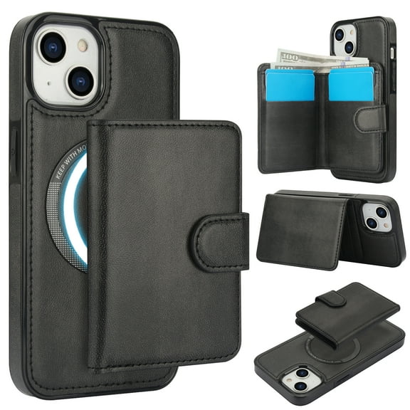 for iPhone 13 Wallet Case, 2-in-1 Magnetic Detachable Card Holder, PU Leather + TPU Shockproof Kickstand Phone Cover, Magnetic Clasp Card Slots Back Case for iPhone 13, Black