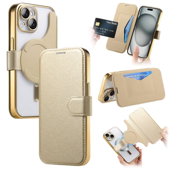 for iPhone 13 Wallet Case with Camera Lens Protector Film, Clear Magnetic Phone Cover Compatible with Mag-Safe Charging, RFID Blocking PU Leather Case with Card Holder Flip Kickstand, Gold