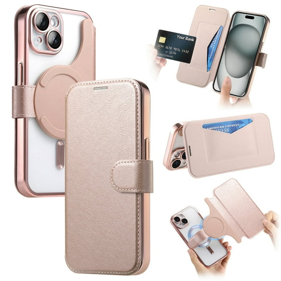 for iPhone 13 Wallet Case with Camera Lens Protector Film, Clear Magnetic Phone Cover Compatible with Mag-Safe Charging, RFID Blocking PU Leather Case with Card Holder Flip Kickstand, Rosegold