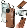 thumbnail image 1 of for iPhone 13 Wallet Case with Card Holder, Hand Wrist Strap Loop Holder Kickstand, Finger Grip Ring Buckle PU Leather Double Buttons Shockproof Cover for iPhone 13, Brown, 1 of 10