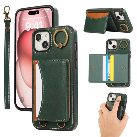 for iPhone 13 Wallet Case with Card Slots, Hand Wrist Strap Rotate Ring Design, Finger Grip Ring PU Leather Magnetic Button Shockproof Purse Phone Cover for iPhone 13, Green