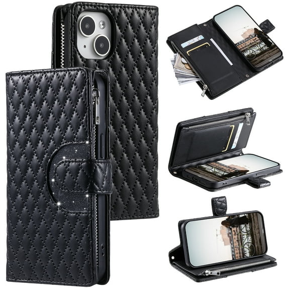 for iPhone 13 Wallet Case, Classic PU Leather Phone Case for Women Men with Zipper Credit Card Holder Wrist Strap Crossbody Strap Shockproof Flip Case for iPhone 13, Black