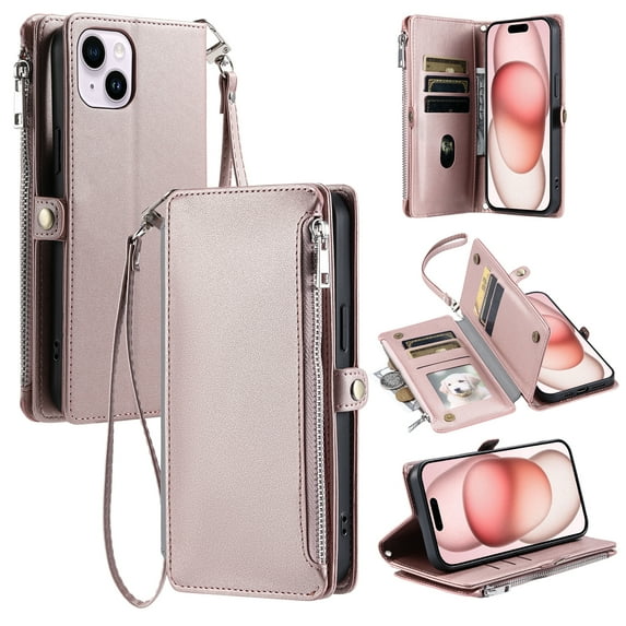 For iPhone 13 Wallet Case – Crossbody Strap+Hand Lanyard & Zipper Pocket Credit Card Slots,Drop Tested PU Leather Magnetic Folio Cover with RFID Blocking Card Holder Phone Case,Rosegold