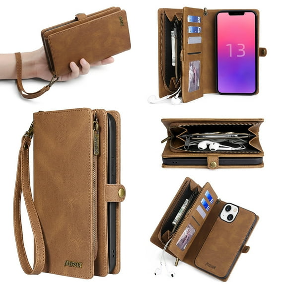 for iPhone 13 Wallet Case, Durable PU Leather 2-in-1 Detachable Magnetic Flip Phone Case for iPhone 13 Case Wallet with Card Holder Slots Zipper Pouch for Women Men, Brown