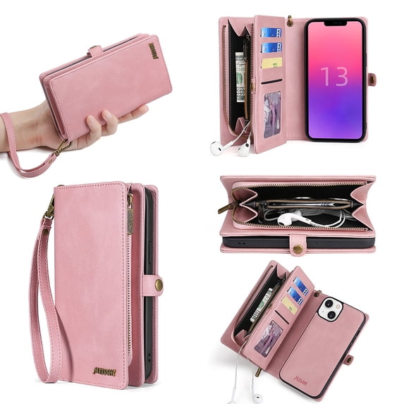 for iPhone 13 Wallet Case, Durable PU Leather 2-in-1 Detachable Magnetic Flip Phone Case for iPhone 13 Case Wallet with Card Holder Slots Zipper Pouch for Women Men, Pink