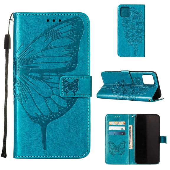 iPhone 13 Wallet Case, Embossed Butterfly PU Leather Credit Card Holder Slots Full Body Protection Kickstand Flip Folio Shockproof TPU Phone Cover for Apple iPhone 13,Blue