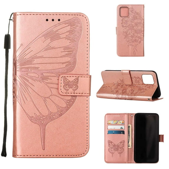 iPhone 13 Wallet Case, Embossed Butterfly PU Leather Credit Card Holder Slots Full Body Protection Kickstand Flip Folio Shockproof TPU Phone Cover for Apple iPhone 13,Rosegold