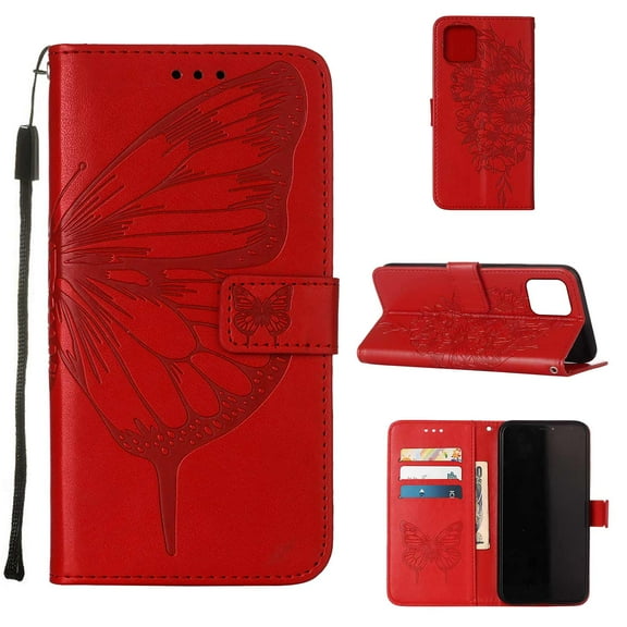 iPhone 13 Wallet Case, Embossed Butterfly PU Leather Credit Card Holder Slots Full Body Protection Kickstand Flip Folio Shockproof TPU Phone Cover, Red