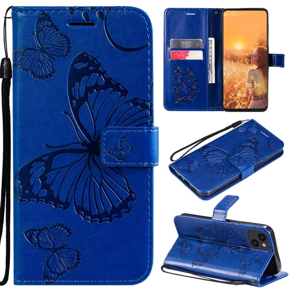 for iPhone 13 Wallet Case, Kickstand Case with Credit Card Holder, Embossed Butterfly Pattern with Strap Premium PU Leather Magnetic Closure Shockproof Protective Flip Cover 6.1", Blue