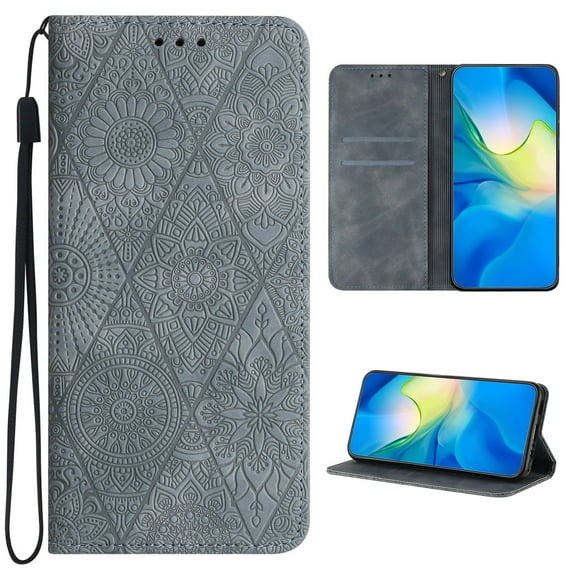 for iPhone 13 Wallet Case for Men Women, Business Embossed Flip Folio Kickstand PU Leather Case with Card Holder Wristlet Hand Strap, Stand Protective Cover for iPhone 13, Gray