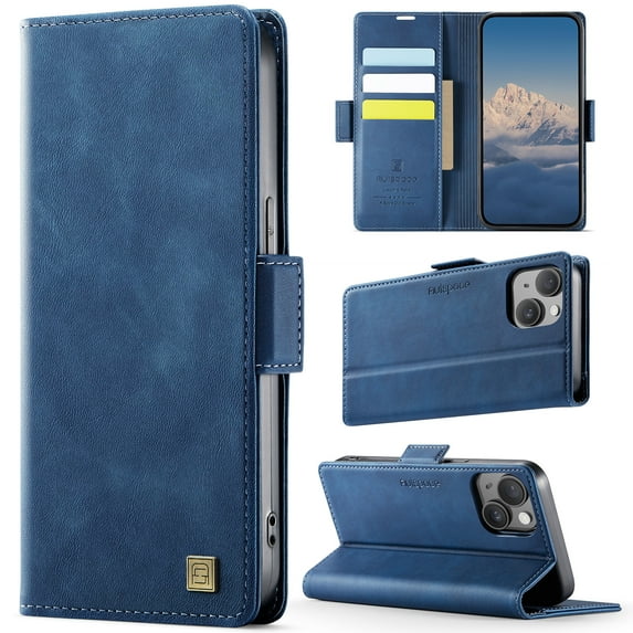 for iPhone 13 Wallet Case with RFID Blocking, 3 Card Slots & Cash Pocket, Kickstand PU Leather Magnetic Closure Full Body Protective Flip Cover, Classic Design for Men and Women, Blue