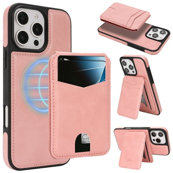 for iPhone 13 Wallet Case with RFID Blocking 5 Card Slots, PU Leather + TPU 2-in-1 Detachable Magnetic Back Cover, Kickstand Drop Protective Flip Folio Case for Men and Women, Pink