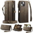 thumbnail image 1 of for iPhone 13 Wallet Case with RFID Blocking Card Slots Zipper Pocket, PU Leather Kickstand Full Body Rugged Protection Shoulder & Wrist Strap Heavy Duty Shockproof Cover, Coffee, 1 of 13
