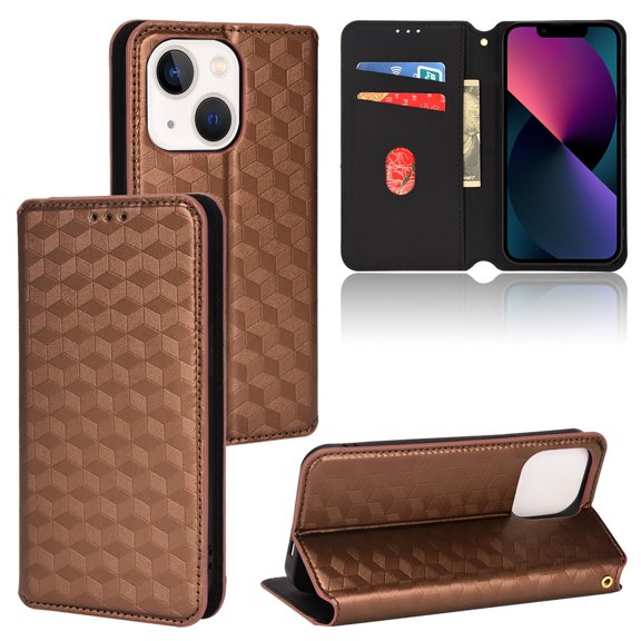 For iPhone 13 Wallet Case with RFID Blocking ID Credit Card Holder, Luxury Diamond Patterned Shiny PU Leather Magnetic Folio Book Flip Kickstand Shockproof Phone Case, Brown