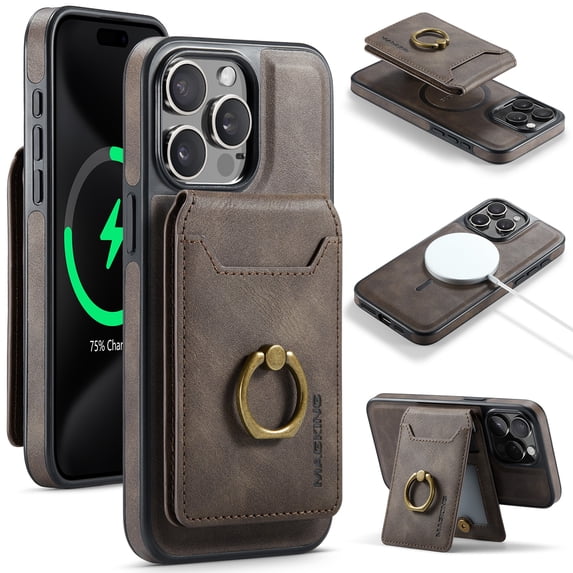 for iPhone 13 Wallet Case with Removable Card Holder, 360° Rotation Ring Kickstand RFID Blocking PU Leather Magnetic Clasp Shockproof Rugged Phone Case Cover for Women Men,Coffee