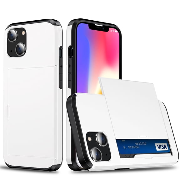 for iPhone 13 Wallet Case with Sliding Door Hidden Pocket Credit Card Holder Dual Layer Heavy Duty Shockproof Hard PC Hybrid TPU Phone Flip Protective Cover for iPhone 13, White