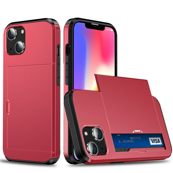 for iPhone 13 Wallet Case with Sliding Door Hidden Pocket Credit Card Holder Dual Layer Heavy Duty Shockproof Hard PC Hybrid TPU Phone Flip Protective Cover for iPhone 13, Red