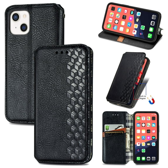 for iPhone 13 Wallet Case, Vintage PU Leather Flip Case with Card Holder Kickstand Hidden Magnet Folio Case Book Cover Compatible with iPhone 13 - Black