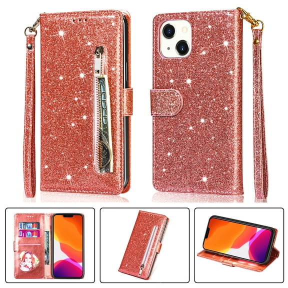 iPhone 13 Wallet Case for Women/Girls,Dteck Bling Glitter Sparkly Girly Folio Leather Zipper Pocket Magnet Clasp Phone Case with 3 Card Holder,Strap and Stand for iPhone 13 6.1 Inch,Rosegold