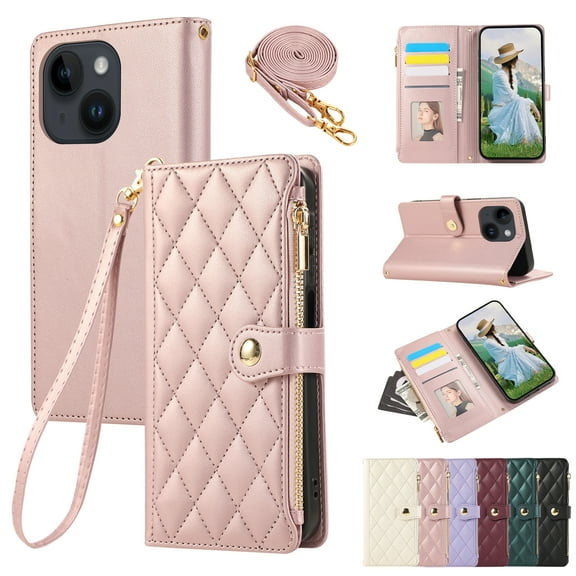for iPhone 13 Wallet Case with Zipper Pocket Card Holder & Crossbody Lanyard Strap & Wrist Strap, Flip Kickstand PU Leather Magnetic Folio Handbag Purse Case for iPhone 13, Rosegold